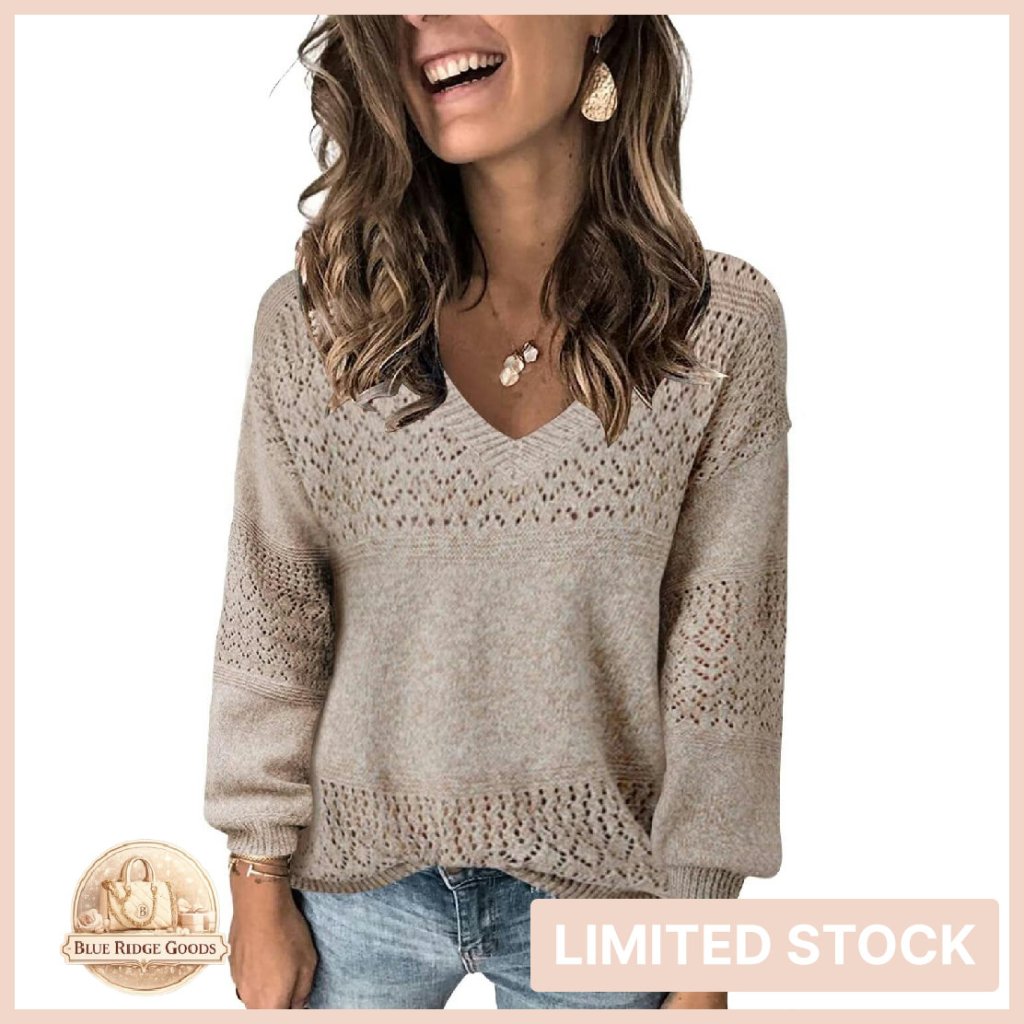V-Neck Crochet Pullover Sweater Lightweight Hollow Knit Loose Fit